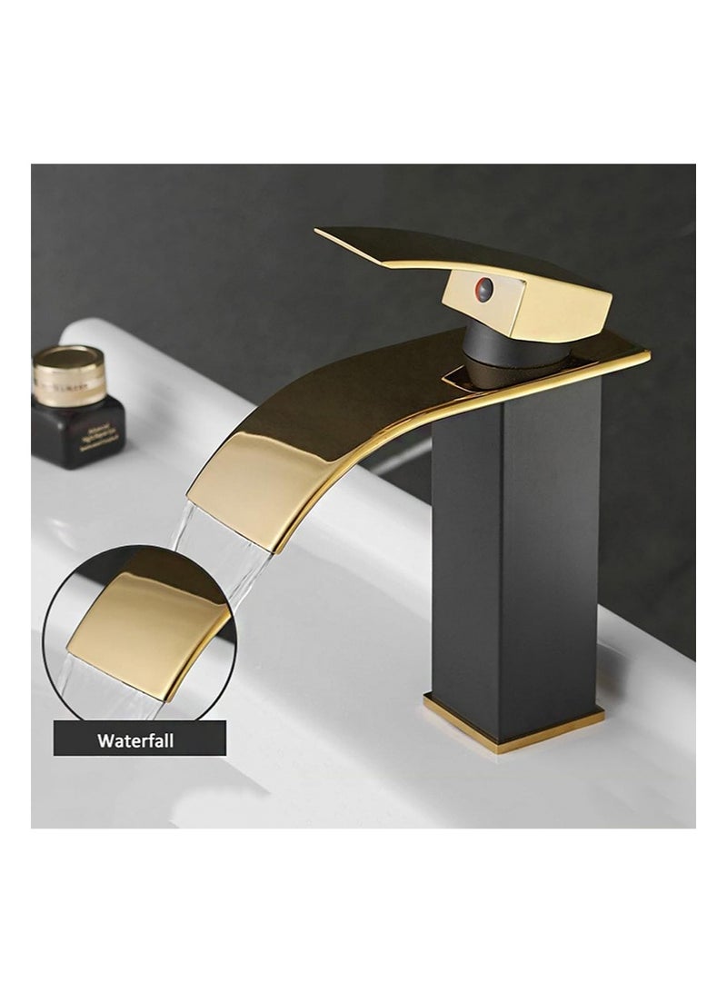 HaLunhi Stainless Steel Bathroom Faucets, Waterfall-Style Bathroom Sink Faucets, Hot and Cold Water Mixing Faucets, Countertop-Mounted Modern Single-hole Bathroom Sink Faucets（Black Gold） - Image 2